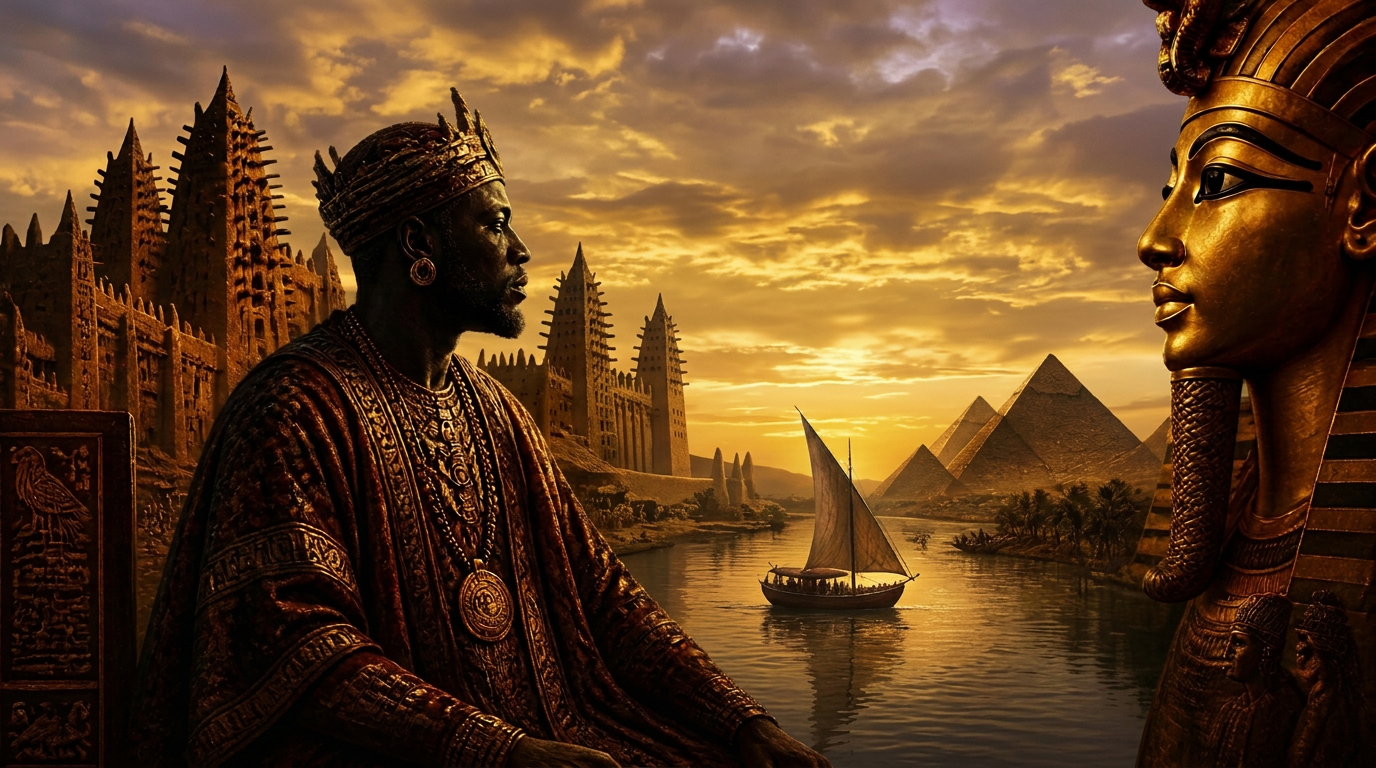 A griot king before the mud-brick towers of the Sahel, the Nile and the pyramids of Kemet
